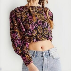 Free People‎ Balloon Sleeve Keyhole Top Floral Embroidered Cotton Sz L